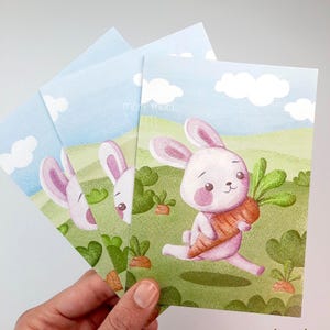 Set di 3 cartoline, Coniglietto e Carota, realizzate con carta ecologica, illustrazioni originali formato A6, graziosi biglietti di auguri kawaii