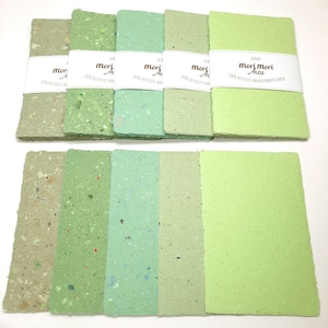 Handmade Paper Sheets - Recycled, mould-made, with deckled edges, 13cm x 8.5cm, small, Set of 10 sheets, Green, 4 different colour options