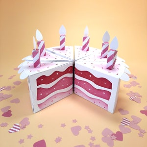 Scatola di carta per torta di compleanno, rosa e bianca con cuori, bomboniere, scatola regalo di compleanno, scatola di caramelle, pretagliata, pre-incisa, 1 fetta di torta