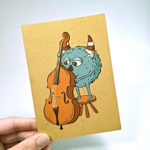 Illustrazione originale della cartolina Blue Monster che suona il contrabbasso – per bassisti, musicisti, amanti della musica, mini stampa A6 per posta ordinaria