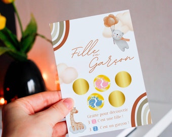 Carte à gratter sexe bébé, carte à gratter gender reveal, annonce du genre de bébé, révélation sexe bébé, baby shower