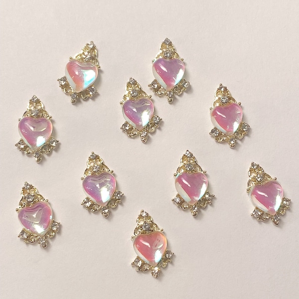 5 pcs reflective pink and gold metal heart Nail Art Charm Decorations