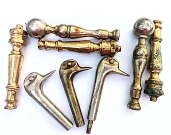 All Vintage Nickel Brass Fireplace Tool Threaded Knobs, Ducks, Crowns, for Upcycle, Walking Sticks, Metal Craft Supply, 8 in all, over 5#