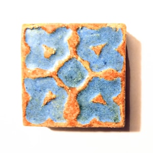 2 x 2 Vintage Ceramic Tile with Embossed  Design in Blue on Brown Marked 81, & 6542, Faience, Restoration Tile, Architectural Salvage