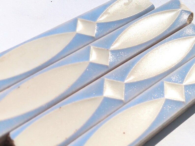 Embossed Lavender & White Fish Original Vintage Border Tile Pieces, .5 h x .375 th, .5 LF+, Historic Home Repair, Crafts est 19th c - 30s