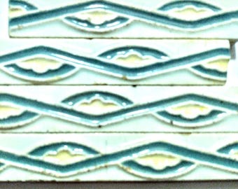 1/2 LF Broken Mosaic Embossed Vintage Ceramic Border Tile Pieces, .5&quot; h x .375&quot; th, , Mosaic Tile Company, Green, Yellow, White Ceramic