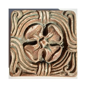 1923 Batchelder Ceramic Tile – 3&quot; x 3&quot; – Fine American Art Pottery &quot;Rosette in Circle&quot; c. 1923. Sculptural Art Tile marked Los Angeles