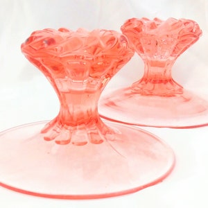 Pair of Vintage Colored Glass Candleholders, Heisey Overlapping Swirl #120, 1927-1931, Flamingo Pink Depression Glass