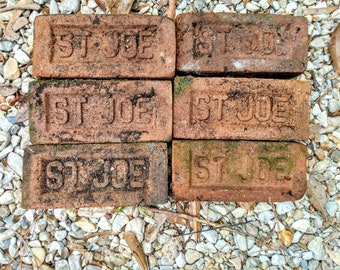 6 Vintage or Antique St. Joe Solid Clay Bricks 7.75" x 3.5" x 2.25" Old Red Bricks for Collectors, Restorers, Projects, 1+ sf if left whole