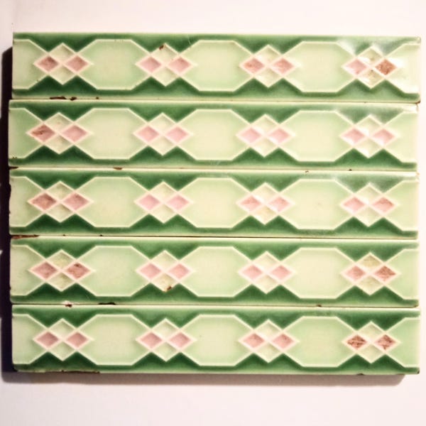 2.5 LF  Vintage Ceramic Border Tile, Faience Strip, est 19th c - 1930s. No date marks, for Historic Restorations, Collectors, Pink, Green