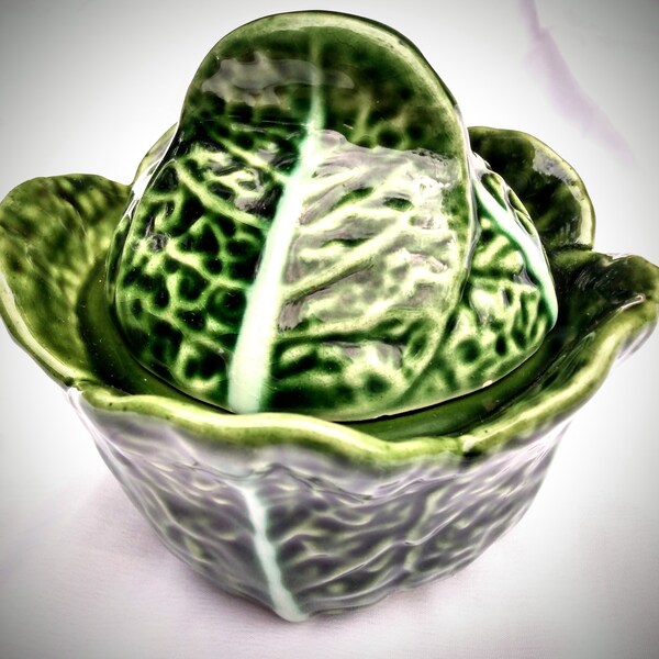 Vintage Covered Ceramic Sugar Bowl, Dark Green Majolica Cabbage Food Shaped Covered Bowl
