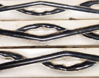 1 LF Broken Embossed Black and White Vintage Ceramic Border Tile Pieces, .5&quot; h x .375&quot; th, est 19th c - 50s Mosaic Tile Company Accents