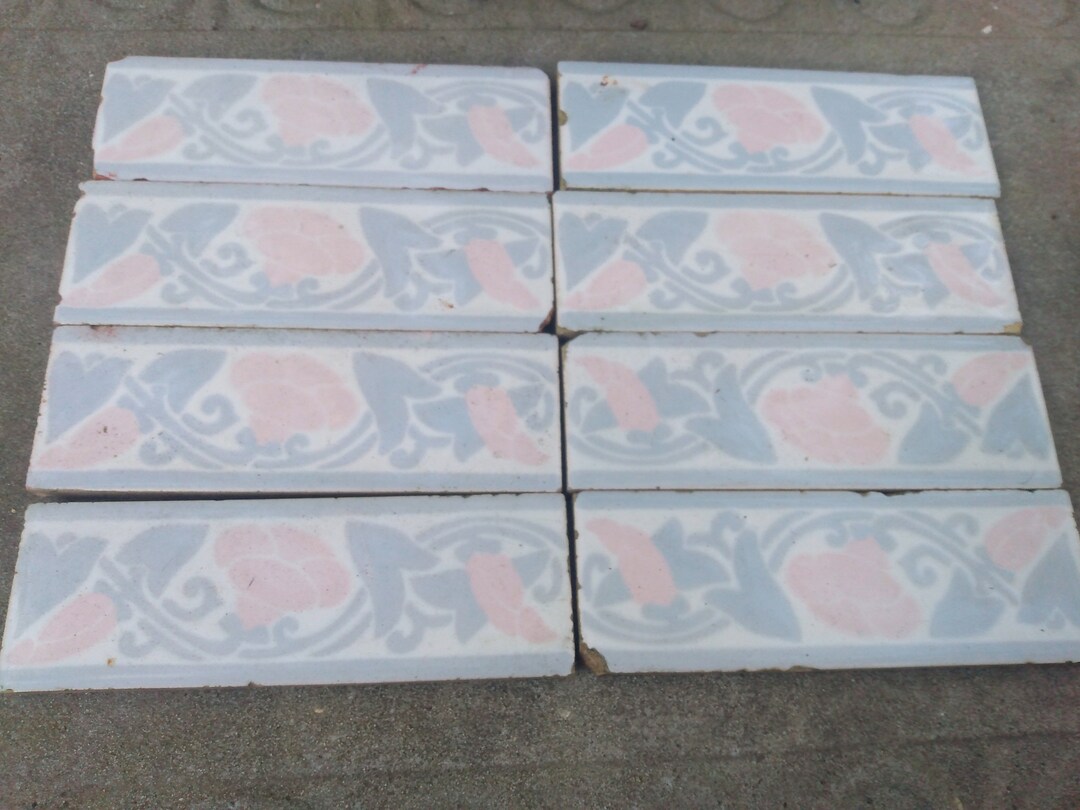 4.5lf, 8, Vintage Morning Glory Vine Faience, 6 X 2 X 1/2 Whole Border Tile 1930s, Never Installed NOS Ish, Pink, Green, Milky... 