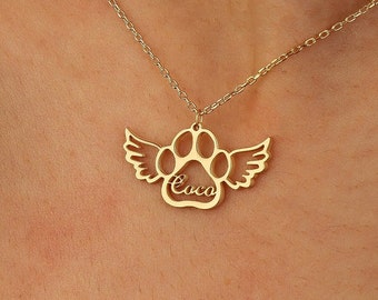 Angel Winged Paw Print Name Necklace, Handmade Jewelry, Dog Memorial Gift, Gift for Her, Mother's Day Gift, Dog Friendly Memorial Necklace