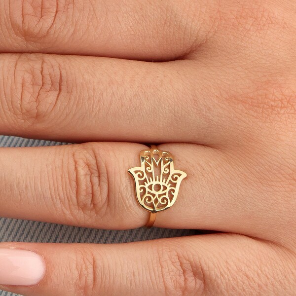 Anillo Hamsa de oro de 18K, anillo de amuleto, anillo de mano de Fátima, anillo de mano de Dios, regalo para ella, joyería de mano de Fátima, regalos de Navidad, anillo para la madre