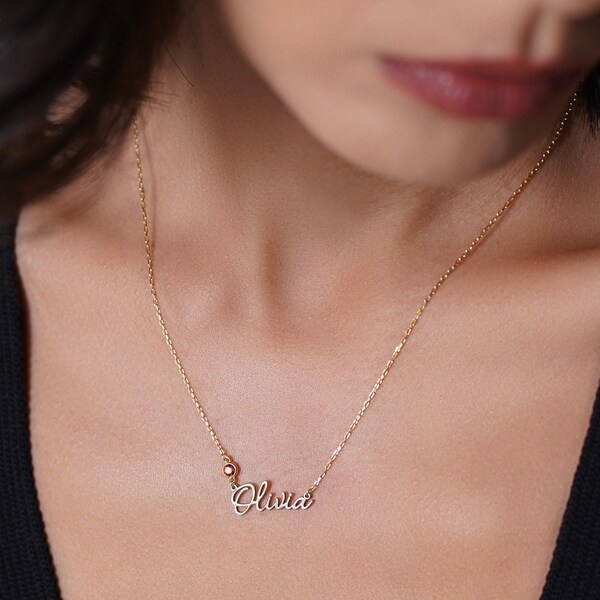 Birthstone Name Necklace, Dainty Birthstone Name Necklace, Personalized Birthstone Necklace, Custom Gold Name Necklace, Christmas Gift
