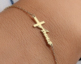 Gold Cross Name Bracelet By Neckgold | Cross Jewelry | Personalized Cross Bracelet with Name | Baptism Gift | Christian Gifts,Christmas gift