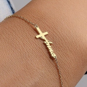 Gold Cross Name Bracelet By Neckgold | Cross Jewelry | Personalized Cross Bracelet with Name | Baptism Gift | Christian Gifts,Christmas gift