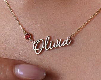 18k Gold Birthstone Name Necklace, Birthstone Personalized Jewelry, Name Necklace, Elegant Name Necklace, Birthday Gift