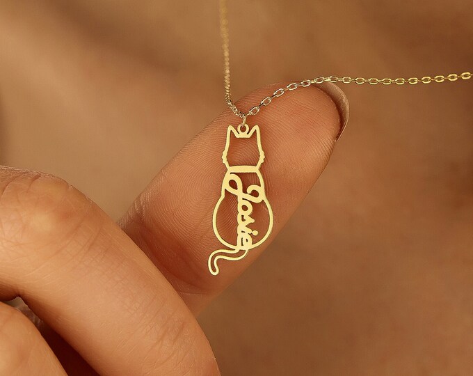 Personalized Cat Necklace - Customized Cat Name Jewelry -  Cat's Name Necklace - Thoughtful Memorial Gift - Cat Silhouette Pendant
