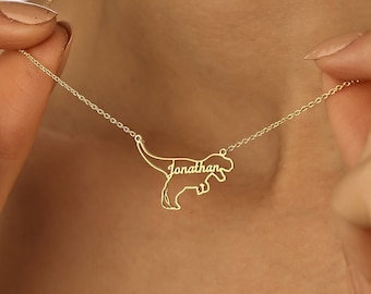 18k Gold Personalized Dinosaur Necklaces, Kids Name Necklace, T-Rex Jewelry, Dainty Petite Dinosaur Charm, Mothers Day Gift