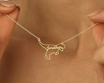 Colliers dinosaures personnalisés en or 18 carats, collier prénom enfant, bijoux T-Rex, petite breloque dinosaure fine, cadeau fête des mères