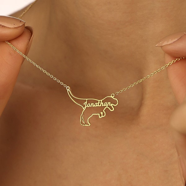 18k Gold Personalized Dinosaur Necklaces, Kids Name Necklace, T-Rex Jewelry, Dainty Petite Dinosaur Charm, Mothers Day Gift