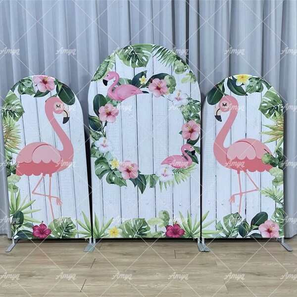 Summer Flamingo Arch Backdrop Tropical Hawaiian Wood Kids Happy Birthday Party Photography Background For Baby Shower Party PhotoBooth Props