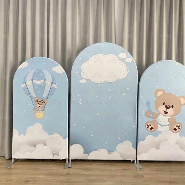 Hot Air Balloon Teddy Bear Arch Backdrop Blue White Sky Cloud Chiara Wall Backdrop For Boy Birthday Baby Shower PhotoBooth Party Backdrop