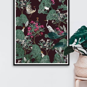 Exotische Vögel Poster, Wildtier im blühenden Oleander Garten, Dunkles anspruchsvolles Interieur Wanddeko