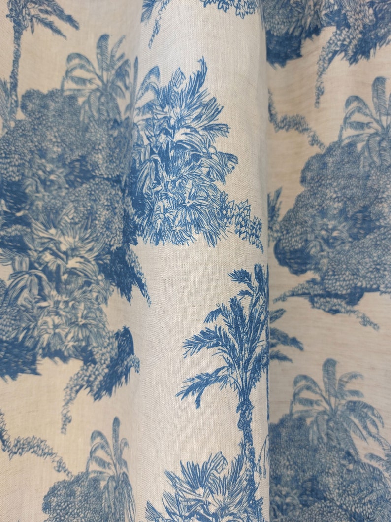 Toile Linen Fabric Blue and White Tropical Islands Natural Etsy