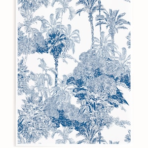 Toile Tropical Poster, Blue Forest Jungle Etched Drawing Art Print, Palms and Exotic Trees Lithography Wall Decor