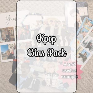 May include: A collection of K-pop photo cards featuring various individuals in diverse outfits and settings, including a beaded bracelet with the name Yunho. The text Kpop Bias Pack and A to Z used as example are printed on the image overlay.