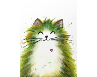 Katze bunt Aquarell Kunstdruck süsse Katze grün Wandbild Gemälde cat Portrait | Katze "Mika"