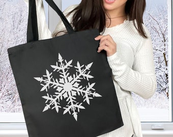 Bolsa de mano con copos de nieve, bonita bolsa de la compra para el invierno, clásica bolsa de copos de nieve invernal, elegante bolsa de lona negra para el invierno, minimalista bolsa de mano con nieve