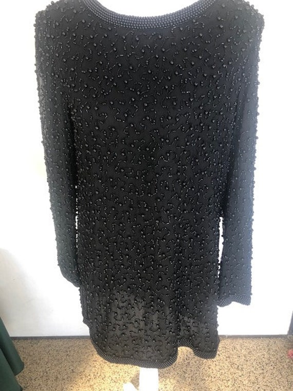 80s Vintage formal black beaded sparkly tunic shi… - image 3