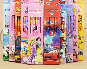 Themed Cartoon Children's HB Pencil 6/12 packs, Superheroes, Princess, Favors Wedding Games, Stationery Gift, School Office Supplies Active