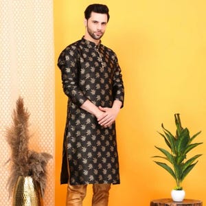 Black Men kurta Pajama,black Color silk kurta for Men,Designer Indian kurta for Men,Men&#39;s Ethnic,Indian Wedding Wear
