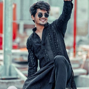 Kurta tradicional negra Chikankari para hombre, kurta estilo Bollywood, ropa de fiesta para hombre, kurta de algodón suave, diseño floral para festivales