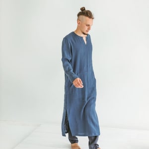 Mens Casual Linen Caftan dress for Men Cotton tunic robe for Man&#39;s Kaftan long dress outfit for man