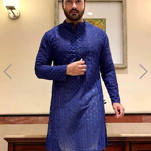 Blue Traditional Chikankari Kurta Pajama Set,Men kurta Pajama set,
