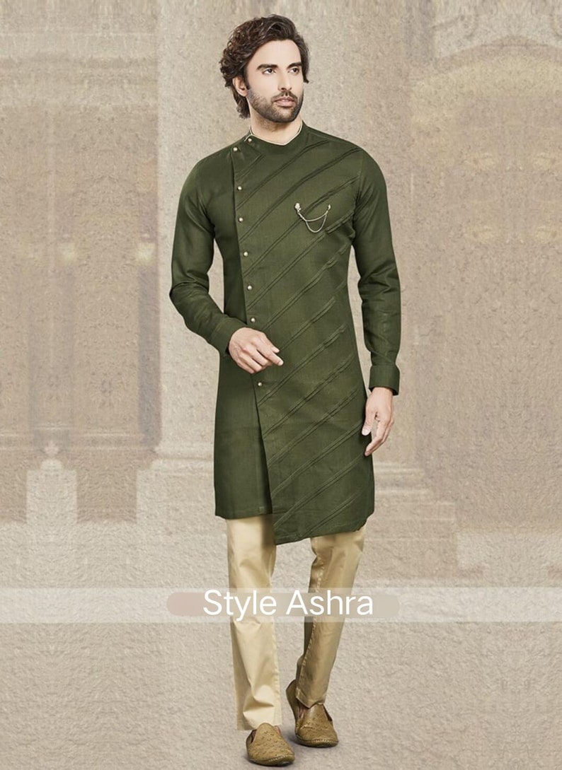 Cotton Pintex Kurta Pajama in Mehendi Green