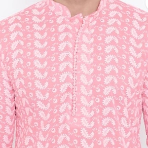 Pink Traditional Chikankari Mens Kurta Pajam Bollywood Style kurta,Men Party Wear Man Stuff, Soft Cotton kurta Pajama Floral Design/Festival