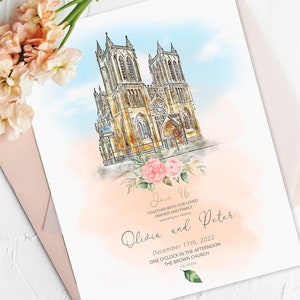 Personalisierte Hochzeitseinladungskarte mit Kirchenportrait, Aquarell Hochzeitseinladung, Einladungskarten Set, Personalisiertes Hochzeitsdeko