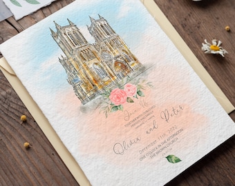 Custom Wedding Venue Invitation Card with Church Portrait, Watercolor Wedding Venue Painting, Invite Card Set, Wedding Church Invitation