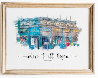 May include: A watercolor painting of a building with the words "Fado Irish Pub" above the entrance. The text "where it all began 02.05.2023" is below the building.