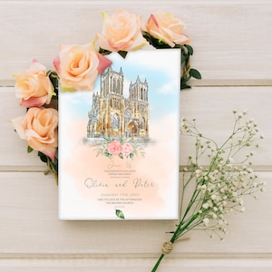 Biglietto d'invito per la sede del matrimonio personalizzato con ritratto della chiesa, pittura del luogo del matrimonio ad acquerello, set di biglietti d'invito stampati, luogo del matrimonio