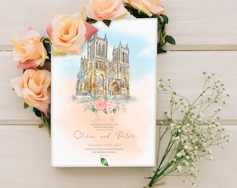 Custom Wedding Venue Invitation Card with Church Portrait, Watercolor Wedding Venue Painting, Printed Invite Card Set, Wedding Venue