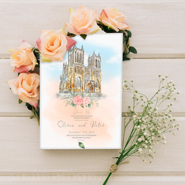 Custom Wedding Venue Invitation Card with Church Portrait, Watercolor Wedding Venue Painting, Printed Invite Card Set, Wedding Venue