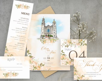 Custom Wedding Invitation Set with Church Portrait, Watercolor Wedding Venue Painting, Invite Card Set, Save the Date, Printed Invitation